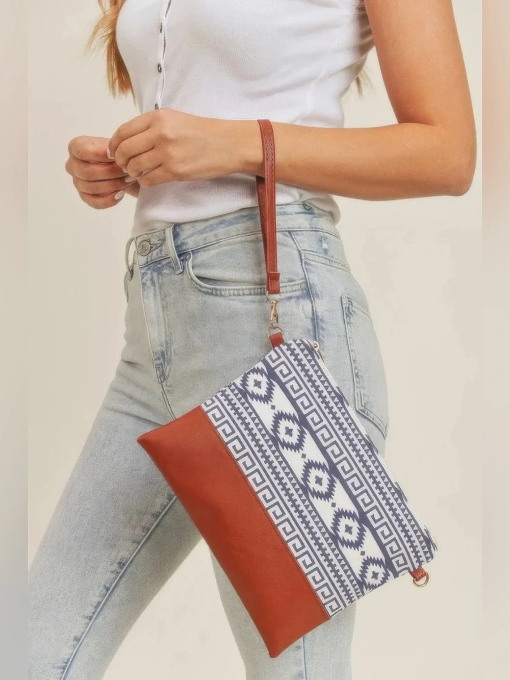 Aztec Crossbody & Wristlet Bag  Navy and White with Faux Leather Accents